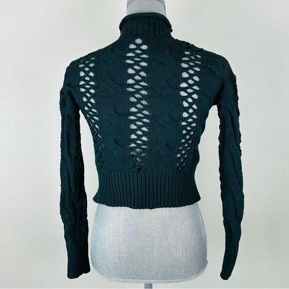 Express Dark Green Cable Knit Open Weave Sweater SZ XS Mock Neck Cropped - Picture 2 of 9